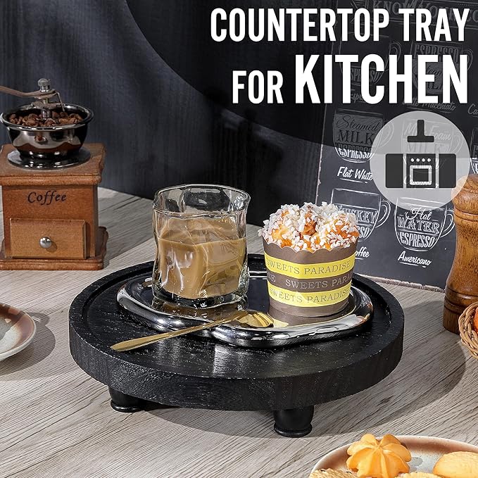 Tikea Farmhouse Wood Display Riser, 10 in. Farmhouse Pedestal Stand for Living Room Kitchen Bathroom Counter Decor, Round Display Tray for Coffee and Soap Dispenser (Black)