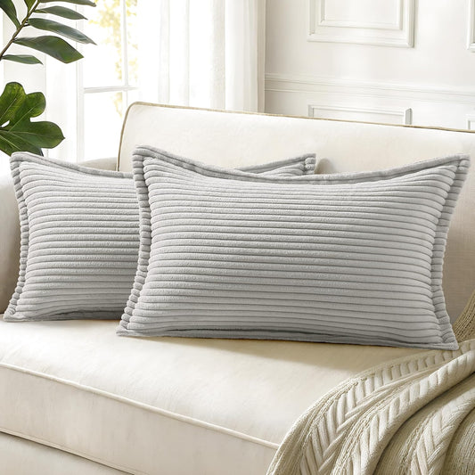 decorUhome Corduroy Grey Throw Pillow Covers 12x20 Set of 2 Decorative Soft Boho Farmhouse Lumbar Euro Couch Pillow Covers for Living Room Bed Sofa Broadside Striped Pillow Cases