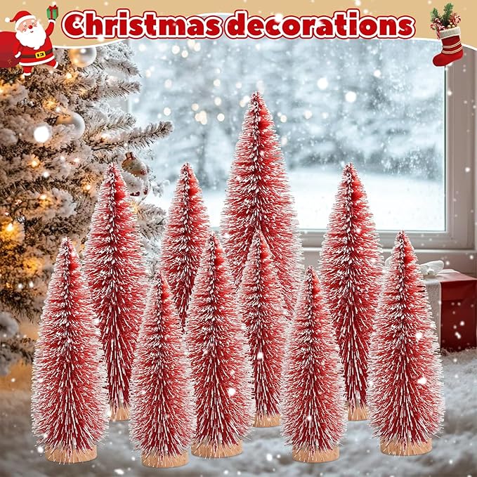 12 Pcs Mini Christmas Tree, Tabletop Christmas Tree with Wooden Bases Artificial Mini Tree with 3 Sizes Christmas Table Decor Bottle Brush Trees for Christmas Decorations (Red)