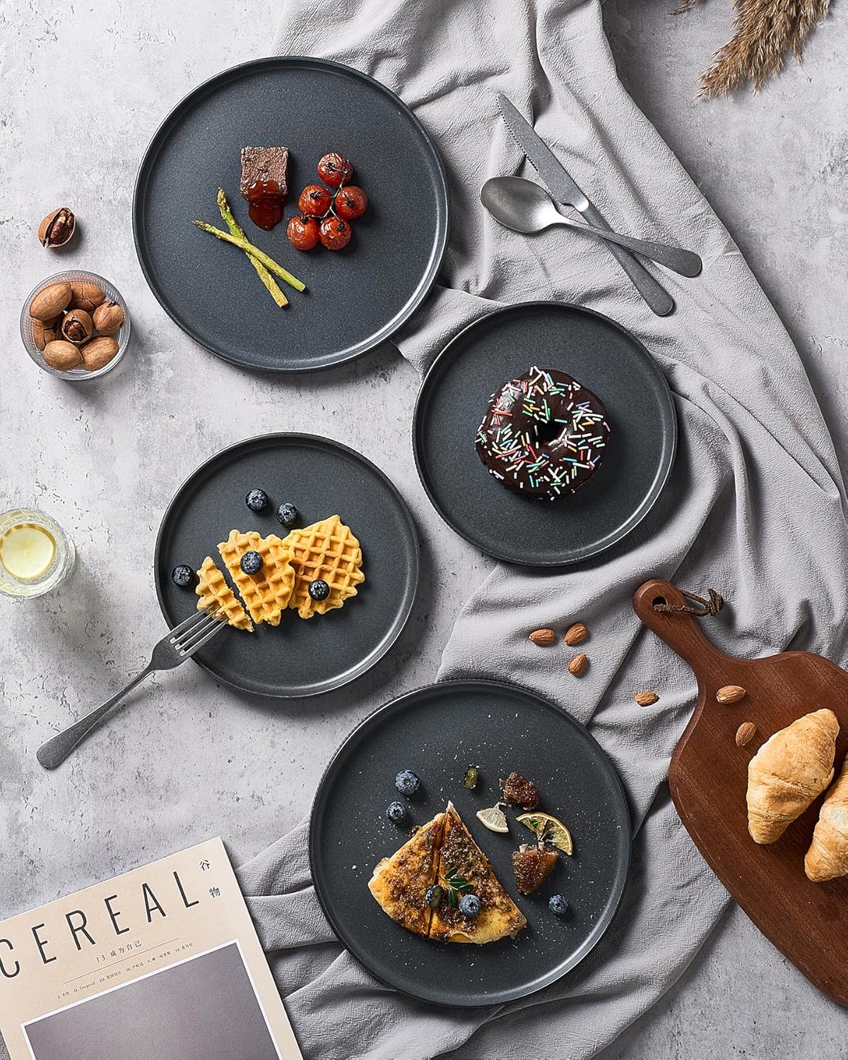 famiware Star Salad Plates for 6, 8 inches Plate Set, Stoneware Dinnerware, Small Dinner Plates for Dessert, Salad, Appetizer, Matte Dark Charcoal (Full Glaze)