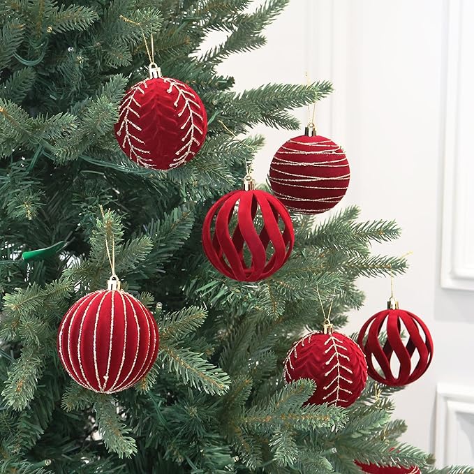 4inch Velvet Ornaments for Christmas Tree, 9PCS Glitter Flocked Christmas Ornaments Decorations Balls Set Decor Red