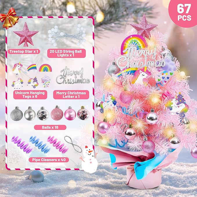 2FT Pink Mini Christmas Tree with Unicorn Theme - 24 Inch Tabletop Artificial Tree with Warm LED Lights, Star Topper, DIY Ornaments, Small Xmas Tree Holiday Decoration for Kids, Family, Home, Office