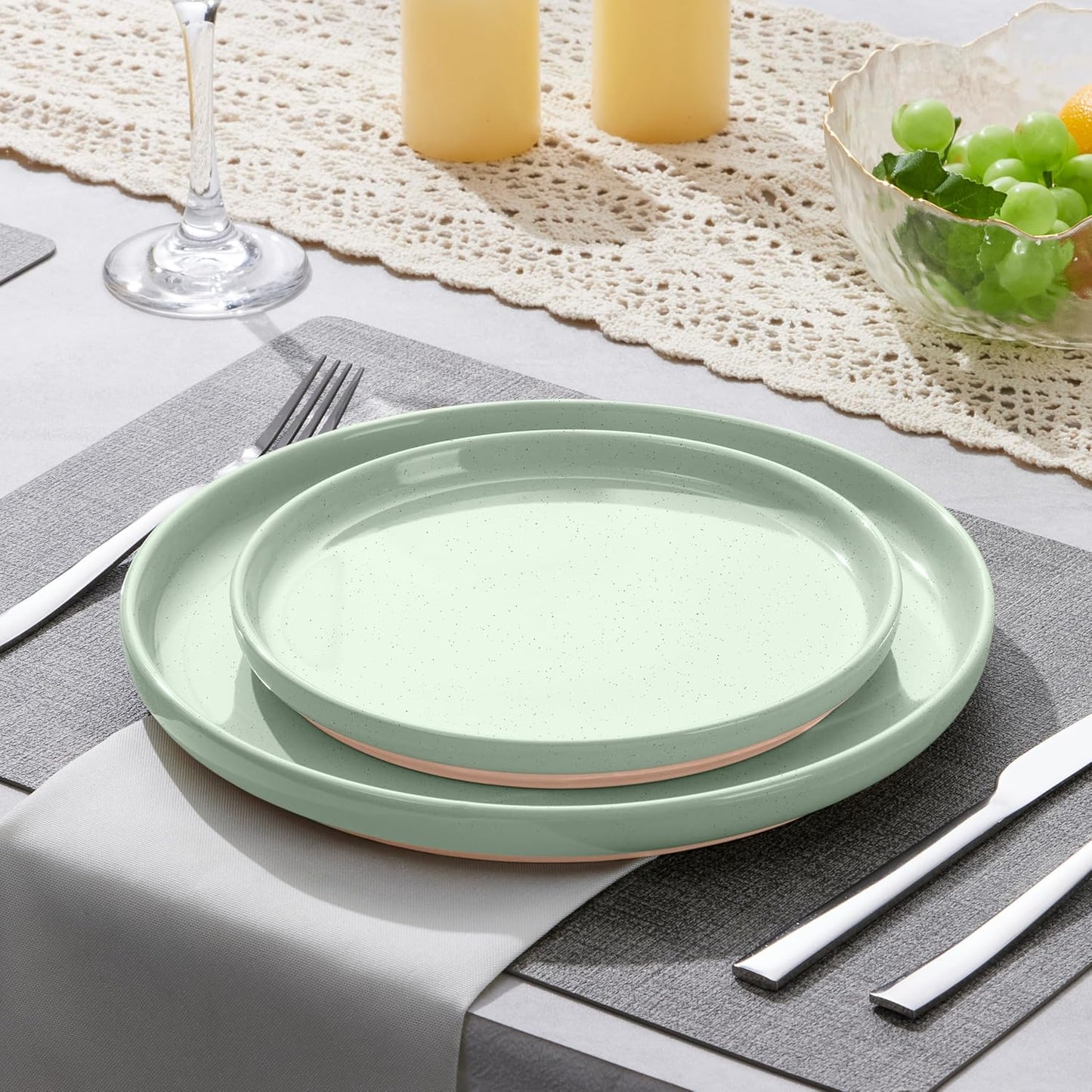 LIANYU Dinner Plates Set of 4, 10.5’’ Large and Round Stoneware Plates, Ceramic Dishes Set for Kitchen Serving Salad, Dessert, Steak, Oven, Microwave & Dishwasher Safe, Scratch Resistant, Fog Green