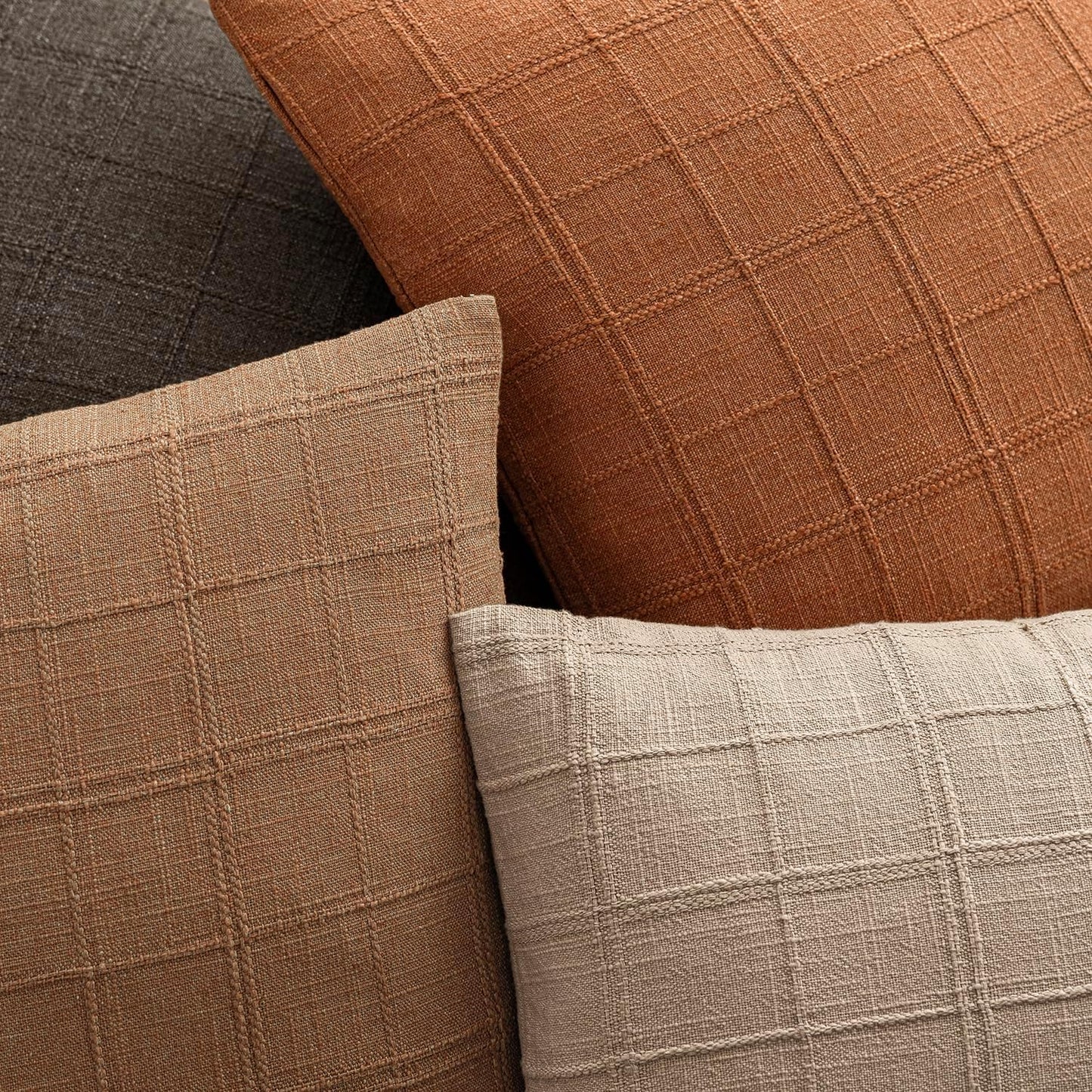 Foindtower Set of 2 Decorative Linen Check Throw Pillow Covers Neutral Farmhouse Lumbar Cushion Covers Modern Boho Home Decor for Sofa Chair Couch Bedroom Living Room,12×20 Inch,Orange