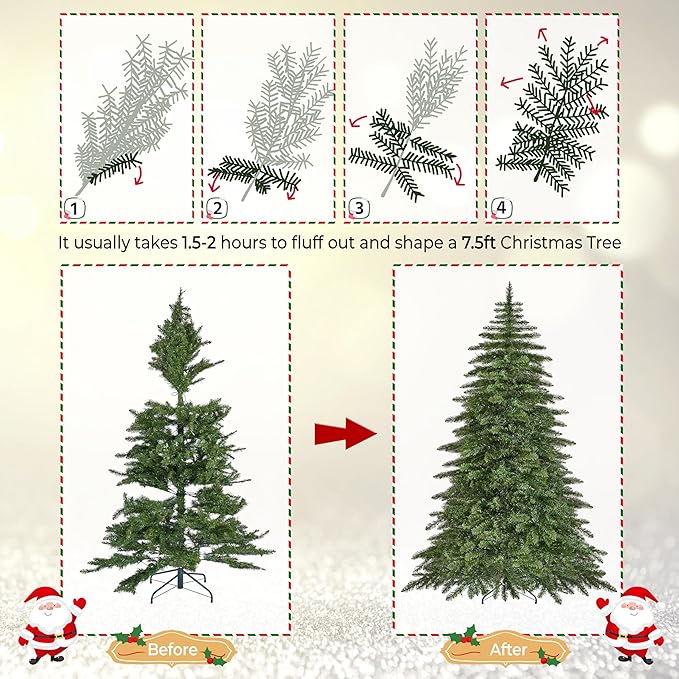 Yaheetech 7.5ft Pre-Lit Christmas Fir Tree with 550 Warm LED Lights & 1278 PVC Tips,Hinged Holiday Decorative Tree with Foldable Stand & Protective Foot Caps,Green