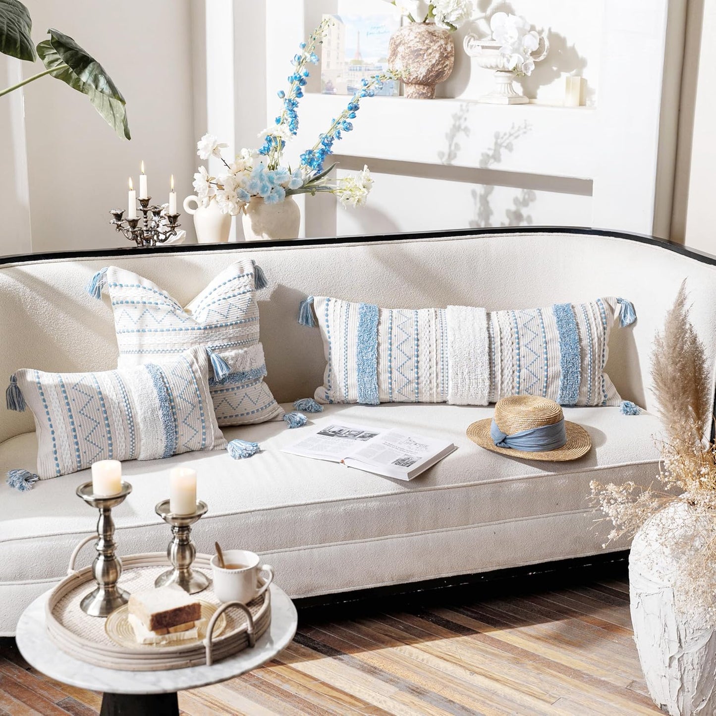 BlissBlush Blue Decorative Throw Pillow Cover 20x20 Square Boho Neutral White Accent Pillowcase Tassels Farmhouse Cushion for Couch Sofa Bedroom Living Room Home Décor (Cover ONLY, Pack of 1)