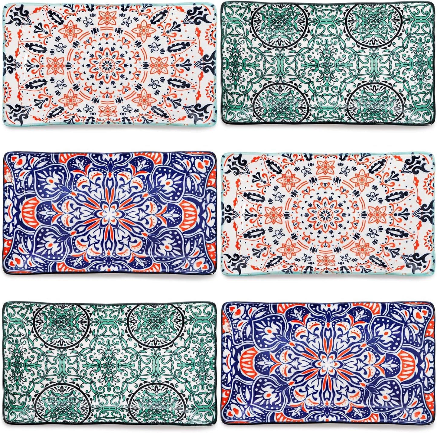 Goaste 6 Pack Ceramic Rectangular Dessert Plates, 8.5 Inch Colorful Salad Plates Set, Porcelain Serving Platter Trays for Appetizer, Sushi, Fruit, Cake, Microwave Oven Dishwasher Safe, Assorted Colors