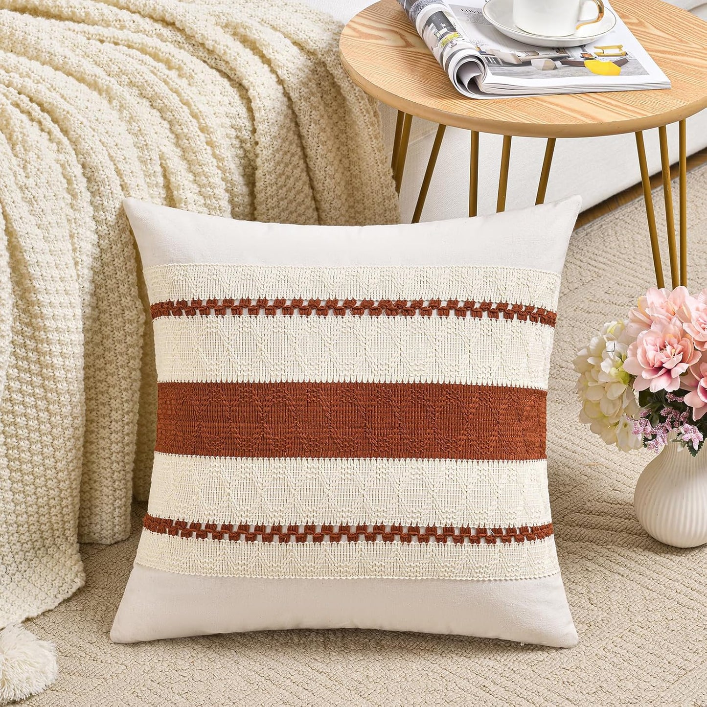 Fancy Homi Set of 2 Rust Boho Decorative Throw Pillow Covers 18x18 Inch for Couch Bed Sofa, Aesthetic Modern Organic Fall Room Decor, Soft Cotton Cute Terracotta Textured Farmhouse Cushion Case