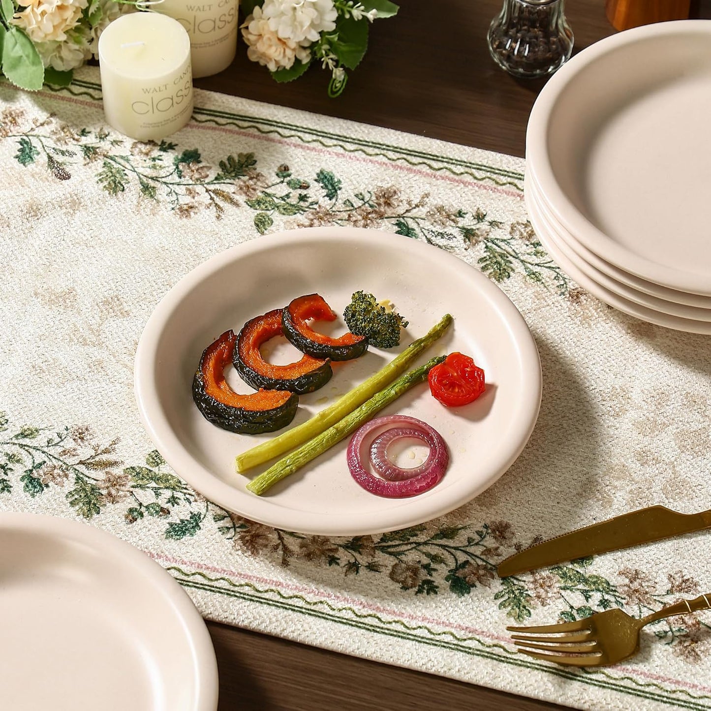 GZG 8 Inch Ceramic Dinner Salad Plates Set of 4, Rustic Matte Glaze Stoneware Dinnerware Set, Microwave & Dishwasher Safe, for Salad, Dessert, Appetizer, Everyday Use(Cream Mist)