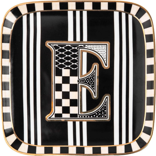 MACKENZIE-CHILDS Monogram Dish, Decorative Ceramic Letter Plate, 5 3/4" Square, E