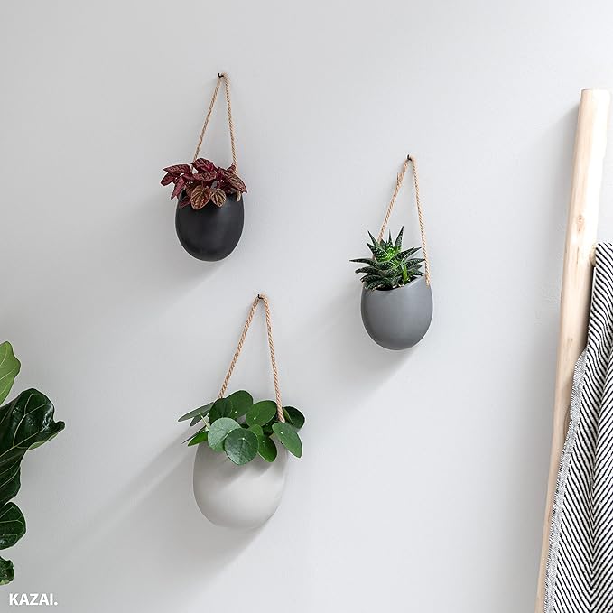 Kazai. Wall Planters -Ellie- | Hanging Ceramic Plant Pots 3 Pieces | Wall Decoration for Indoors, Balcony and Garden | Grey (Matte)