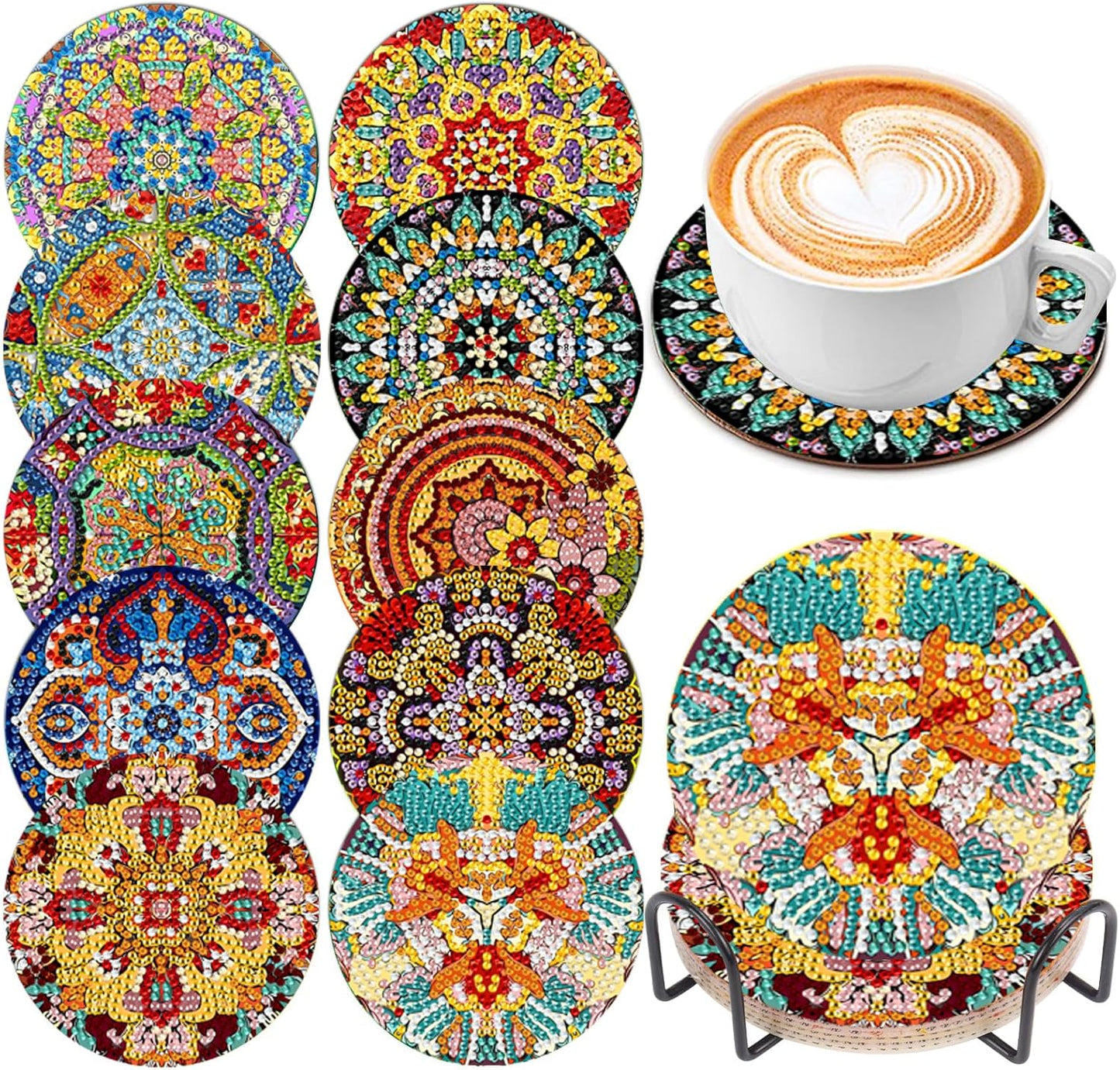EWJRNSF 10 PCS Diamond Art Coasters Kit, Small Diamond Painting Coasters, Fall Diamond Art Kits for Adults Beginners, Arts and Crafts Supplies Item Sets with Holder Mandala