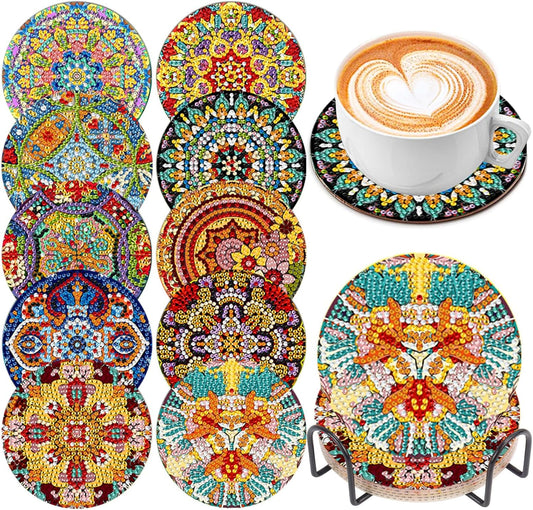 EWJRNSF 10 PCS Diamond Art Coasters Kit, Small Diamond Painting Coasters, Fall Diamond Art Kits for Adults Beginners, Arts and Crafts Supplies Item Sets with Holder Mandala