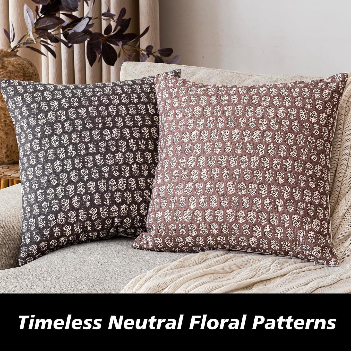 Foindtower Set of 2 Decorative Vintage Floral Print Throw Pillow Covers Neutral Modern Farmhouse Cushion Covers Boho Home Decor for Sofa Chair Couch Bedroom Living Room,18×18 Inch,Wine Red