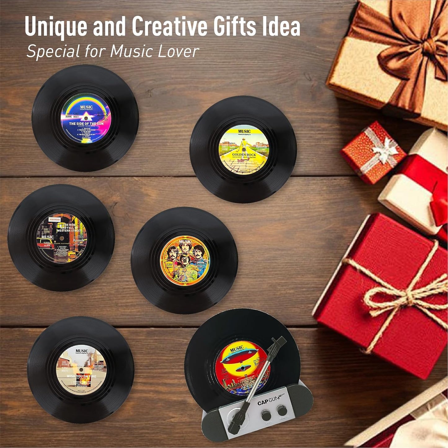 Funny Retro Vinyl Record Coasters, Creative Drink Coasters Set of 6 with Vinyl Record Player Holder for Music Lovers, Housewarming Hostess Gifts, Birthday and White Elephant Gifts Ideas