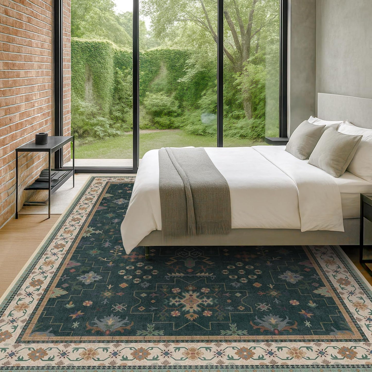 Dark Green Vintage Living Room Rug 9x12 - Boho Unique Floral Victorian Decor, Washable Low Pile Non-Slip Extra Large Area Rugs for Dining Under Table Bedroom