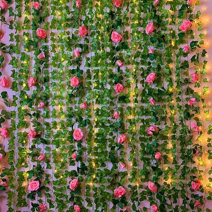 UKELER 2 Pack Artificial Rose Vines Silk Flower Garland Artificial Floral Plant for Wedding Arch Party Garden Craft Home Decor, Dark Pink