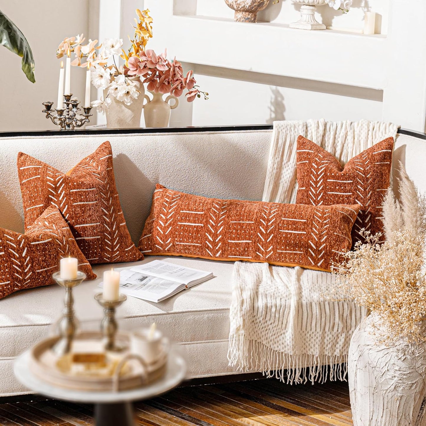 BlissBlush Fall Brick Red Boho Lumbar Throw Pillow Cover 14X36, Decorative Long Accent Body Lumbar Pillow for Bed, Farmhouse Woven Soft Chenille Textured Lumbar Pillowcase for Couch (Cover ONLY)