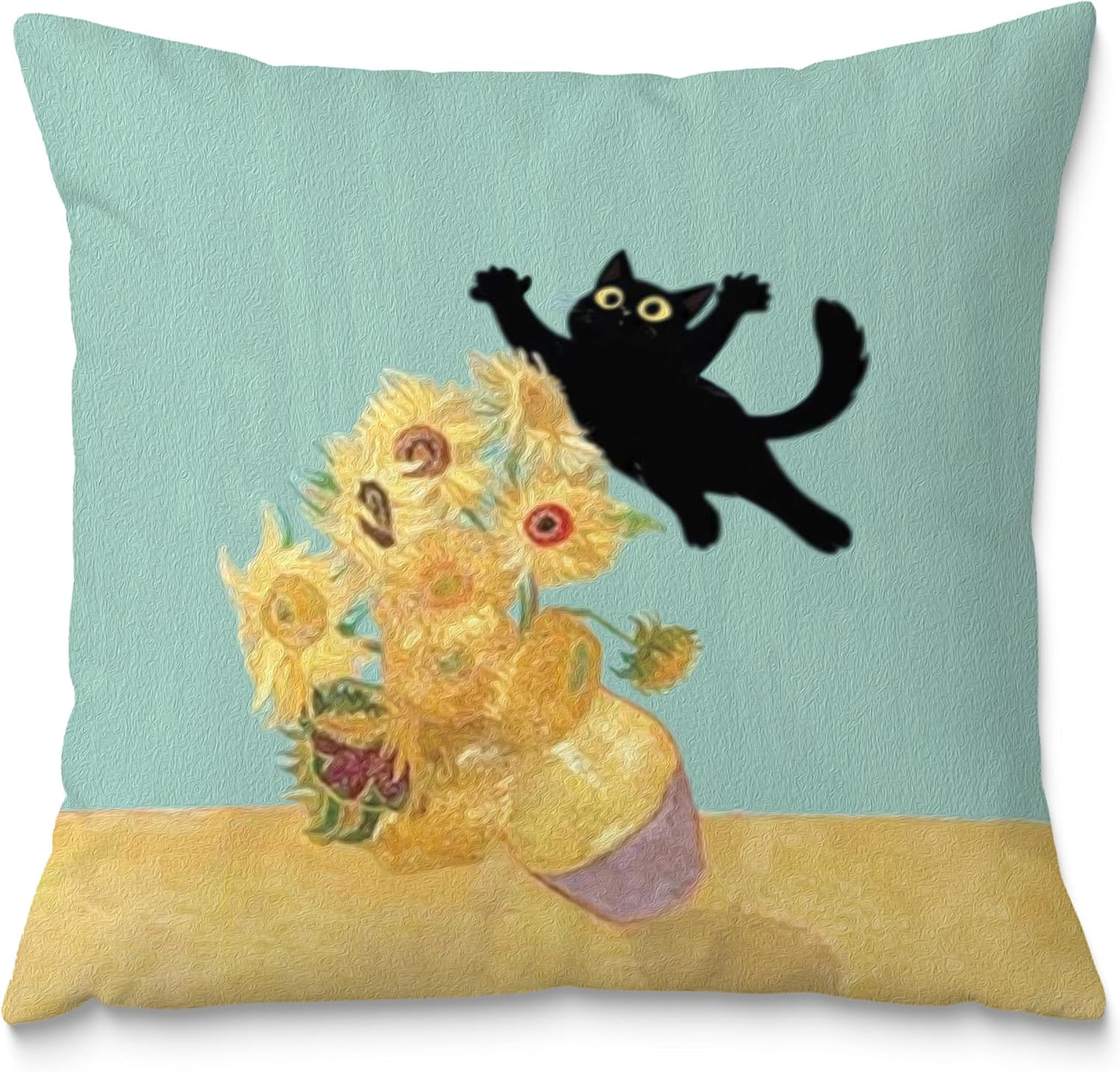 Floral Black Cat Pillow Covers 18x18, Cats Lovers Mom Grandma Gifts for Mother's Day, Funny Van Gogh Sunflower Black Cat Art Pillow Covers for Home Bedroom Living Room Office Decor