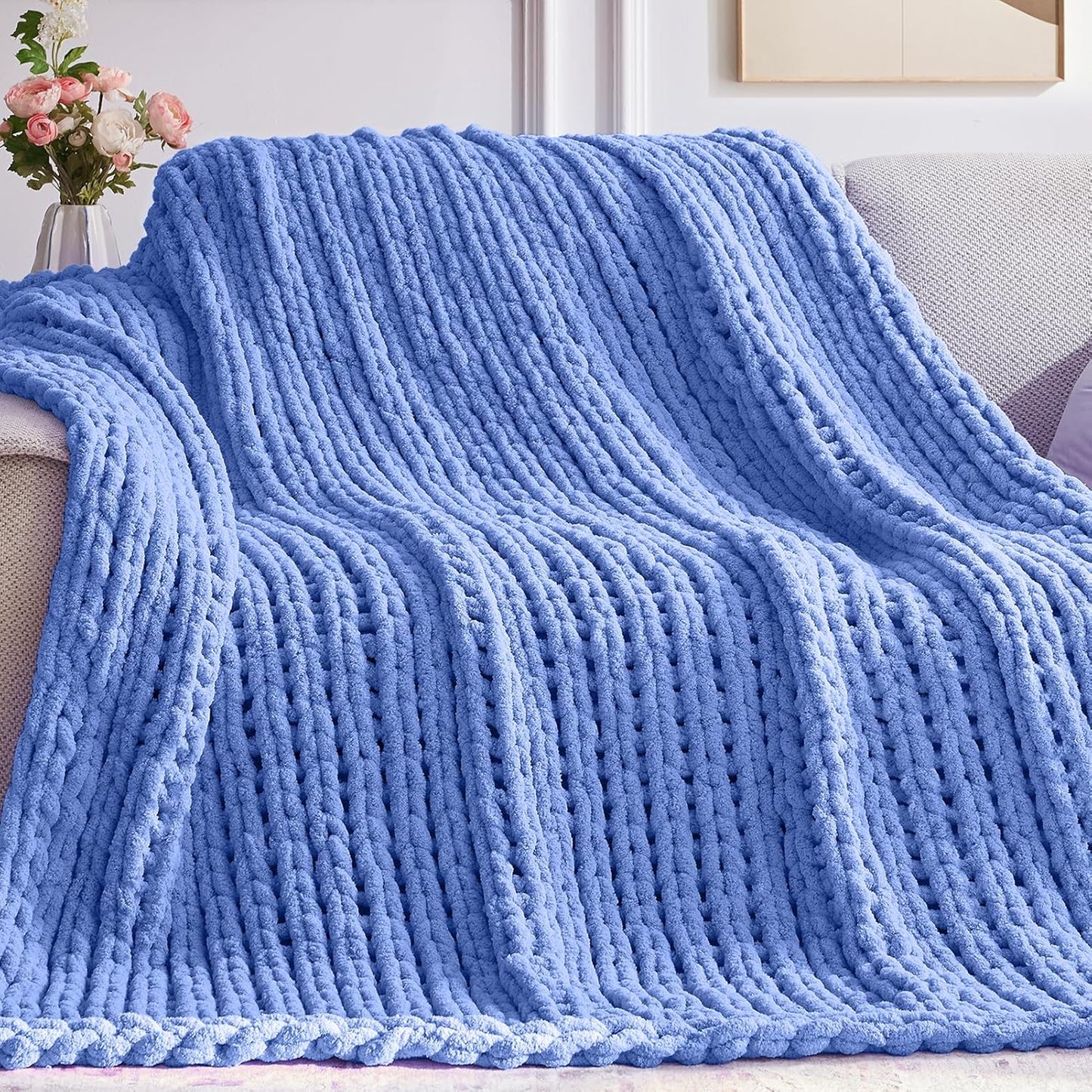 Chunky Knit Throw Blanket, 60''*80'' Knitted Throw Chenille Yarn for Bed Couch, Handmade Light Blue Crochet Big Thick Blanket, Machine Washable Cute Comfy Blanket for Home Decor