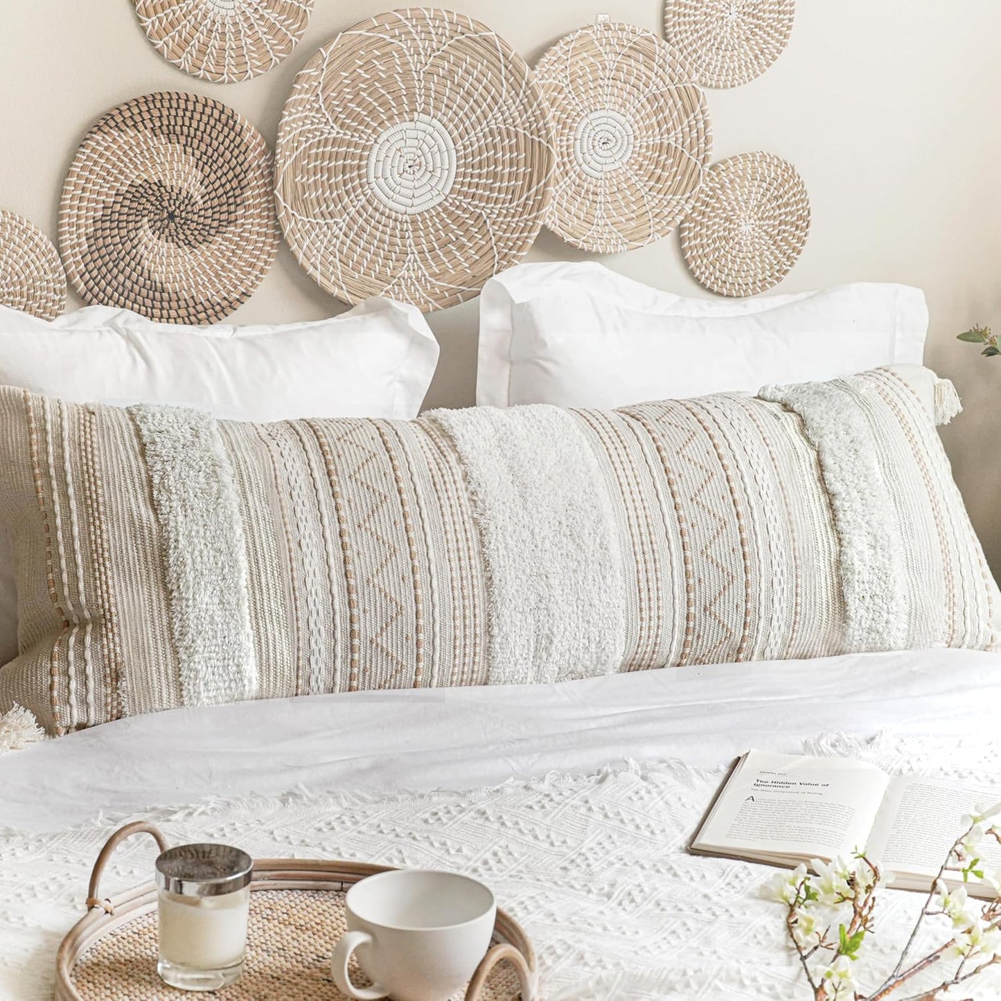 BlissBlush Large Body Pillow Cover for Bed 20x54 Boho Accent Oversized Long Pillowcase for Bedroom Neutral White Decorative Cushion Farmhouse Home Décor (Cover ONLY, Pack of 1)