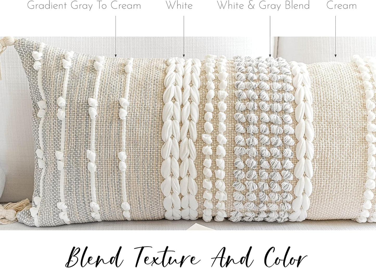 BlissBlush Gray Decorative Lumbar Pillow Cover 14x36, Boho Long Throw Pillow for Bed, Accent Lumbar Throw Pillow Case, Modern Farmhouse Textured Lumbar Cushion (Cover ONLY)