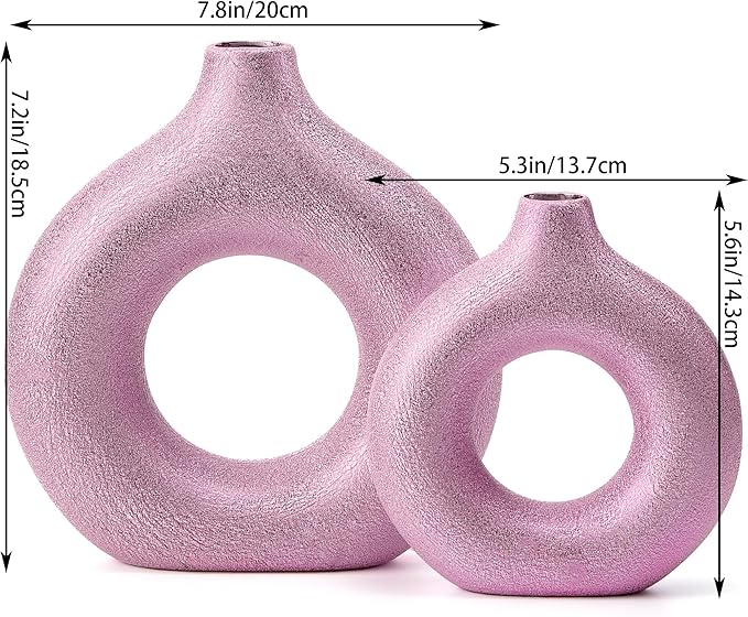 Set of 2 Donut Hollow Ceramic Vase Handmade Minimalist Boho ins Style, Modern Vase for Home Decor for Wedding Dinner Table Party Living Room Office Bedroom (Purple-Gold, Large + Small)