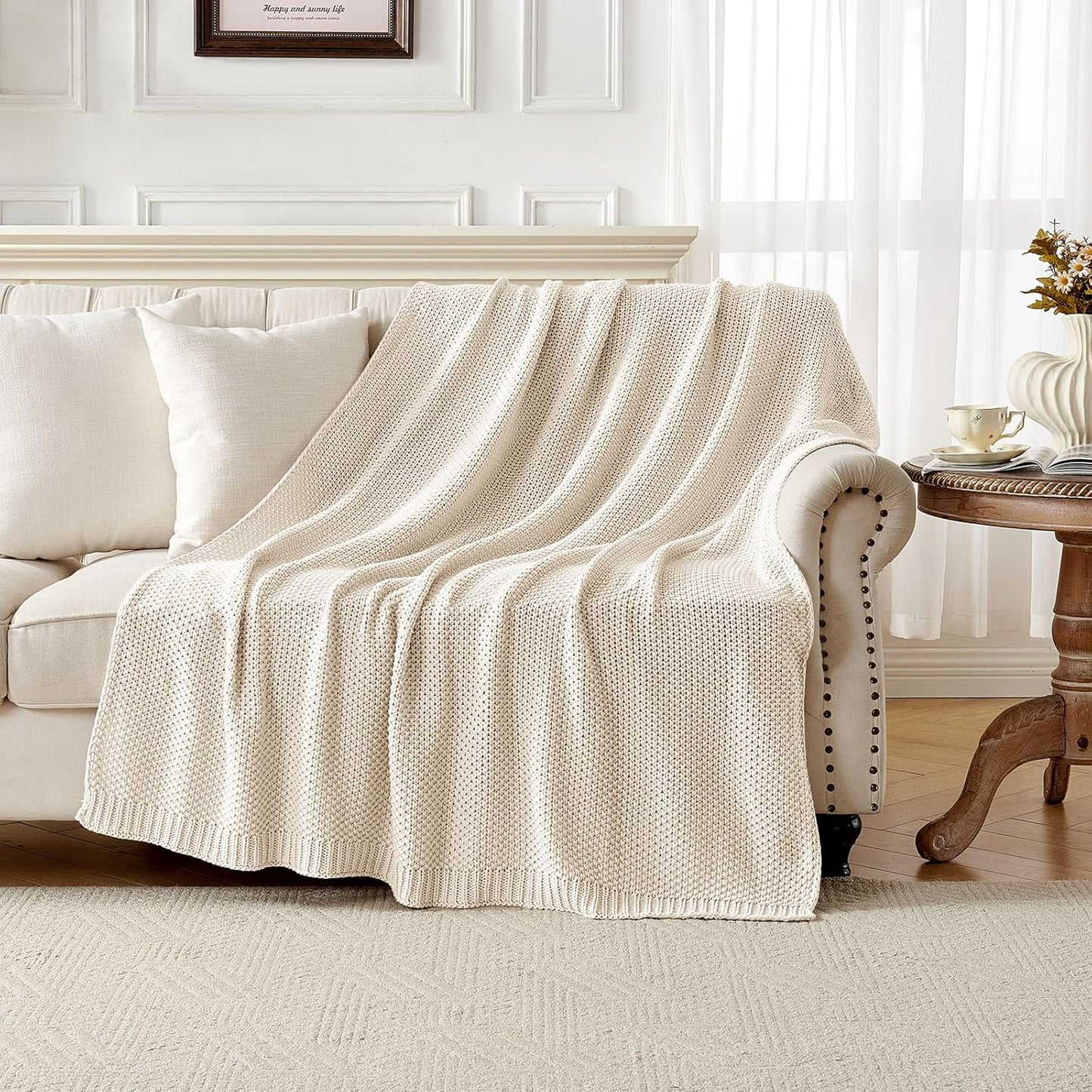 Joydeco Chunky Cable Knit Throw Blanket, Lightweight 100% Cotton Soft Cozy Throw Twin Blanket for Couch Bed and Sofa, Rustic Breathable Farmhouse Blanket Gift for Women Men(Cream White, 60"x80")