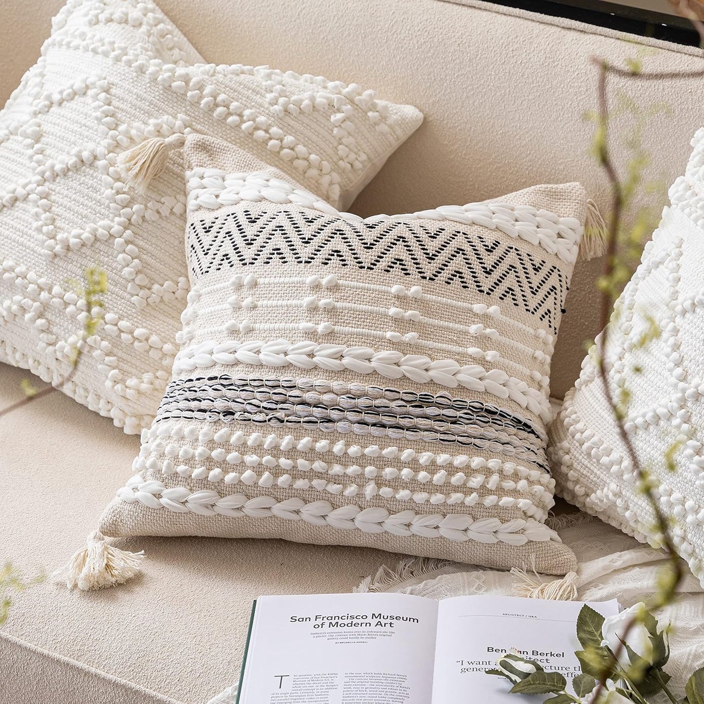 BlissBlush Cream White Boho Throw Pillow Cover 20X20, Decorative Neutral Accent Pillow for Couch, Square Woven Textured Pillowcase, Modern Boho Pillow for Bed, Bohemian Pillow Cover (Pack of 1)