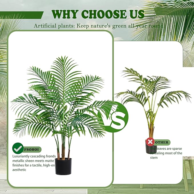 2PCS Artificial Palm Tree 3FT Artificia Plants Indoor Fake Trees Tropical Fake Plam Tree Floor Plant in Black Pot with 9 Trunks & Real Bark Design Faux Palm Plant for Outdoor Home Room Decor