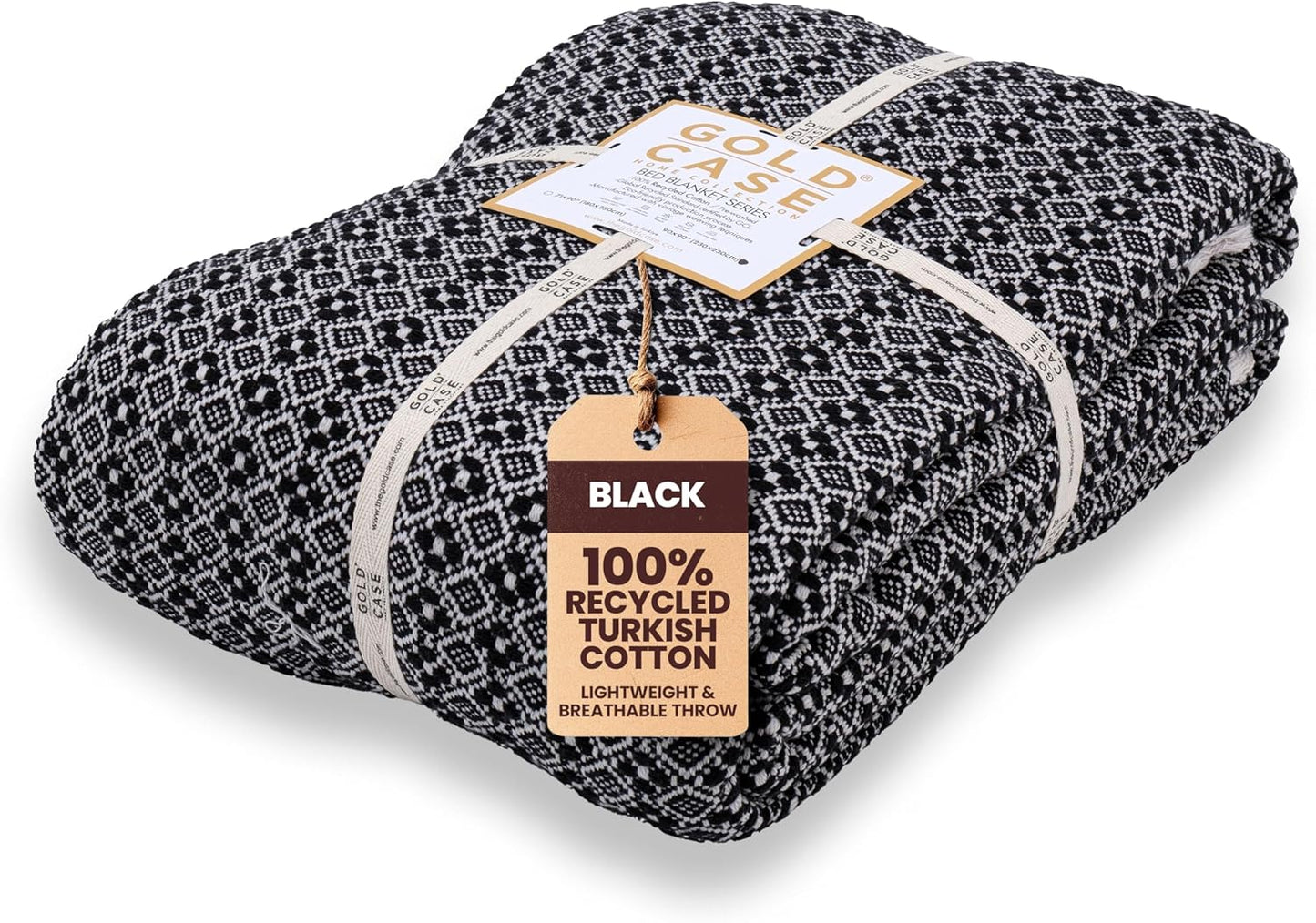 Gold Case Throw Blanket for Bed - 100% Recycled Turkish Cotton Blanket - Retro Lightweight Soft Throw Blankets for Bed & Living Room - Queen Size Cozy Blankets - 90x90 - Black