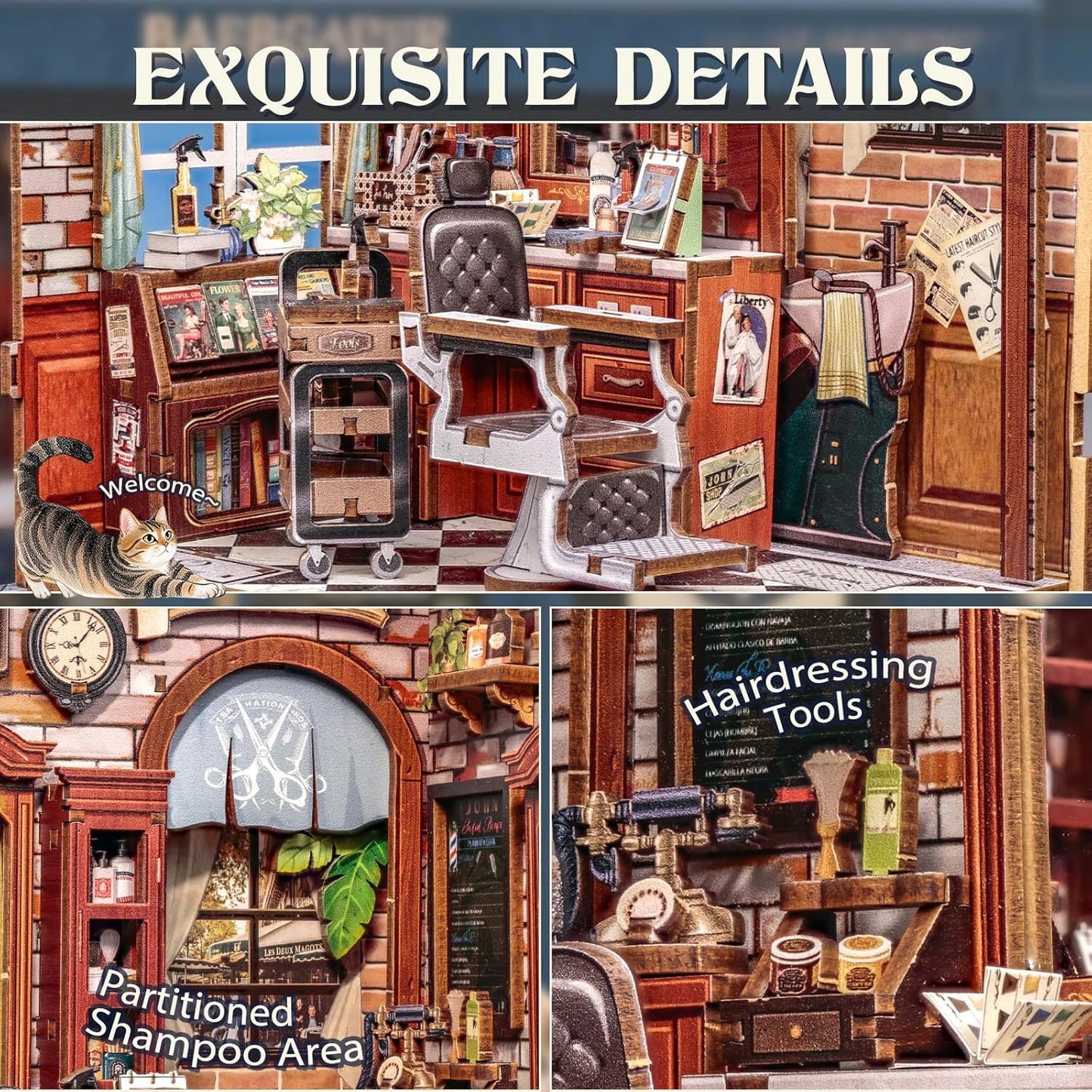 Cutefun Book Nook Kit - DIY Miniature Dollhouse Kit for Adults and Teens, Retro Barbershop Mini House Building Kit with LED Bookshelf Insert Decor Creative Gifts (John's Hair Salon)