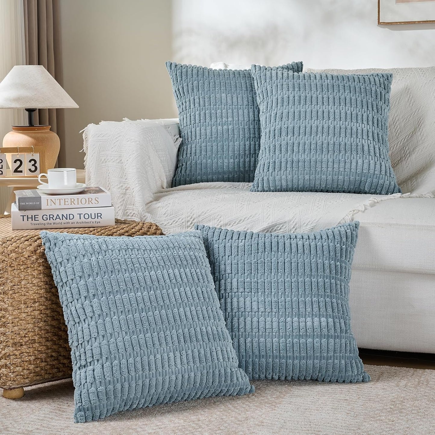 Fancy Homi 4 Packs Boho Light Blue Decorative Throw Pillow Covers 14x14 Inch for Couch Bed Sofa, Rustic Modern Farmhouse Home Decor, Soft Plush Corduroy Cute Square Cushion Case 35x35 cm