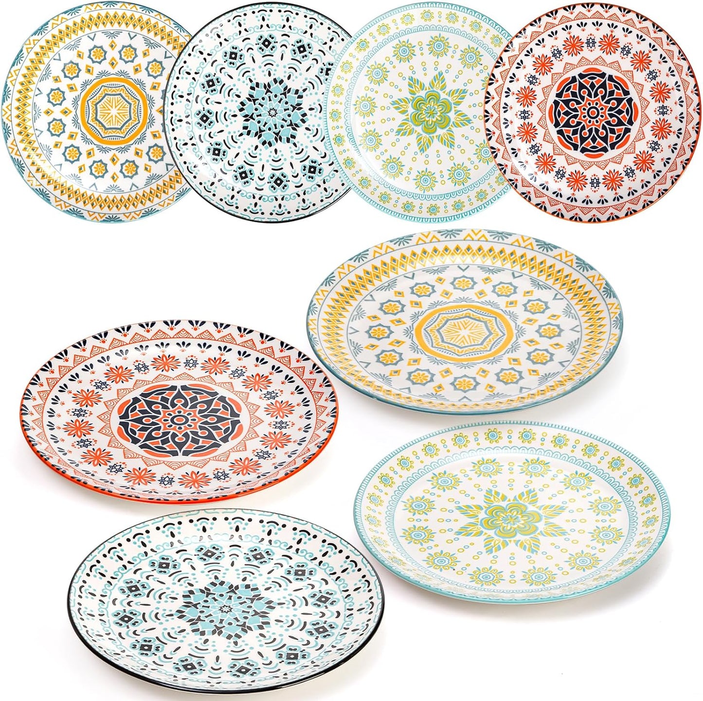 Foraineam 8 Pieces 8 Inch Round Porcelain Salad Plates, Decorative Appetizer Plates Dessert Dishes, Colorful Floral Serving Dishes for Luncheon, Steak, Fruit, Snack, Microwave and Dishwasher Safe