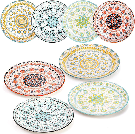 Foraineam 8 Pieces 8 Inch Round Porcelain Salad Plates, Decorative Appetizer Plates Dessert Dishes, Colorful Floral Serving Dishes for Luncheon, Steak, Fruit, Snack, Microwave and Dishwasher Safe
