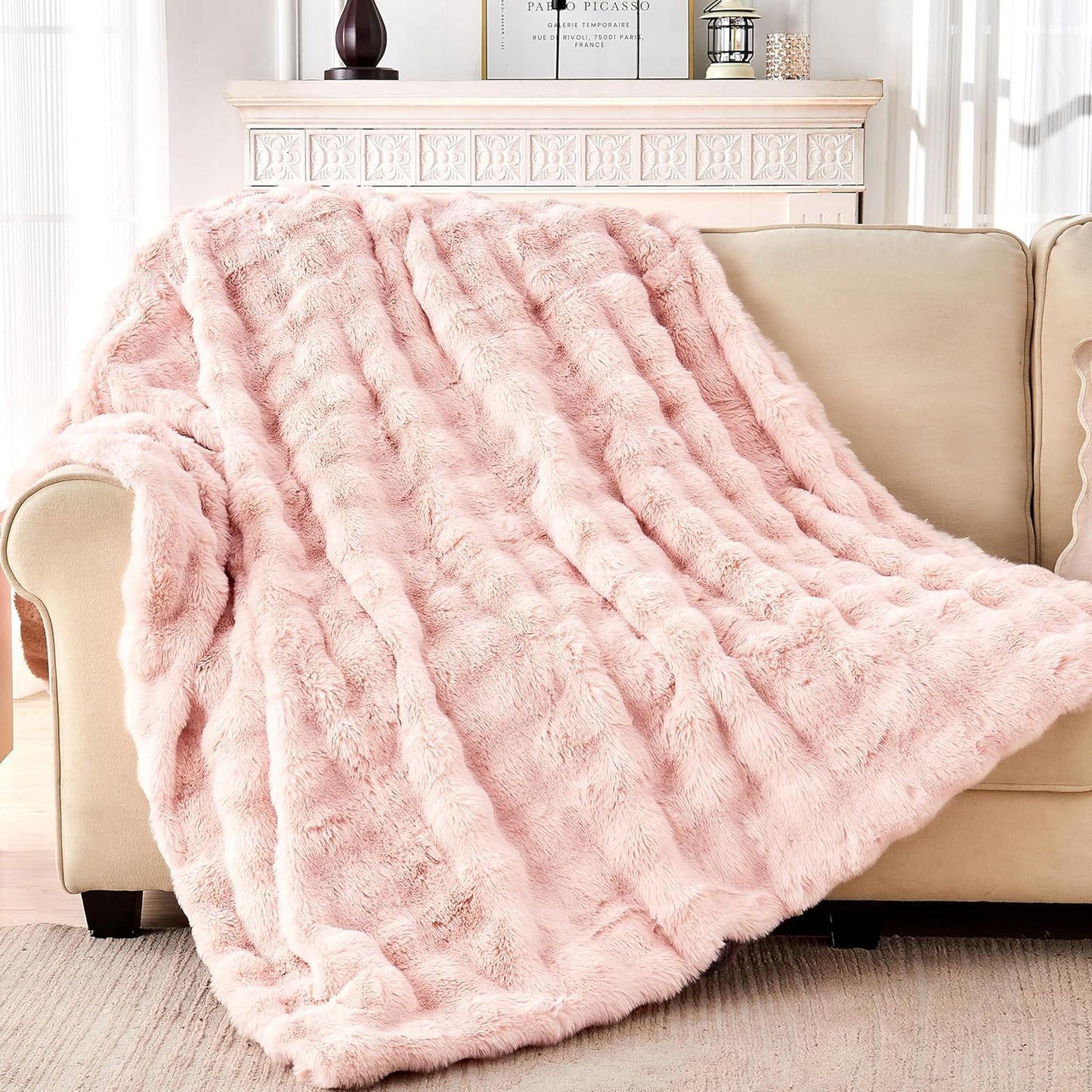 Luxury Faux Rabbit Fur Throw Blanket, Soft Bubble Fluffy Blanket Cozy Fuzzy Throw Blankets for Bed Sofa Couch, Decorative Thick Warm Plush Fuzzy Elegant Soft Mink Blanket (60" x 80", Pink)