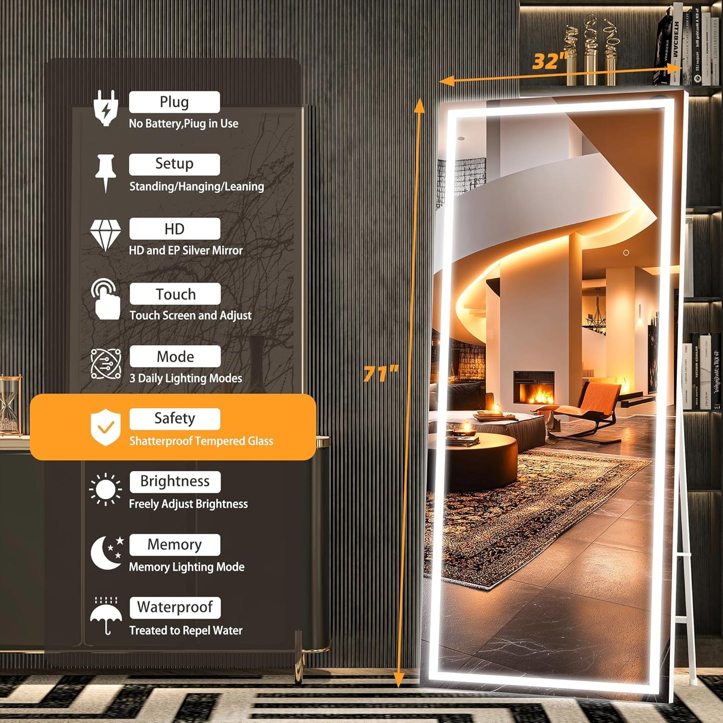 Hasipu Full Length Mirror with Lights, 71" x 32" LED Lighted Floor Standing, Full Body Dressing Hanging Mounted Mirror, Dimmable, Tempered Glass, Safe to Use, Square White