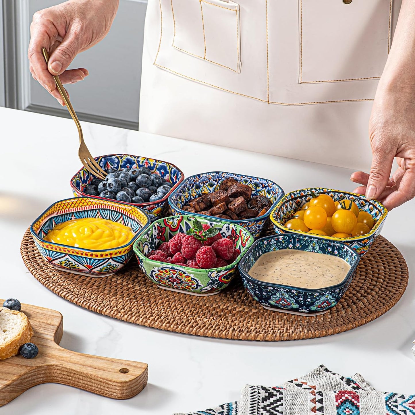 HENXFEN LEAD Boho Dipping Bowls – 8 oz Small Ceramic Snack Bowls, Square Soy Sauce Dish for Dips, Salsa, Side Dishes, Dessert – 4.3 Inch Appetizer Plates Set of 6