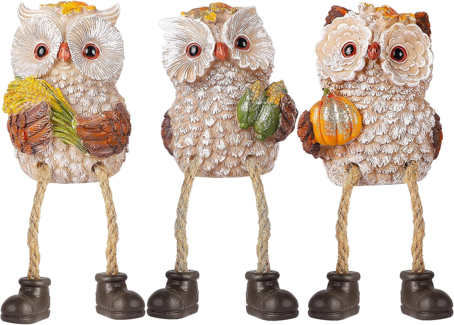 Lulu Home Thanksgiving Figurines, Set of 3 Resin Owl Shelf Sitters with Dangling Legs, Wheat Maize Pumpkin Harvest Sculpture for Window Sill Kitchen Tabletop Autumn Home Decor
