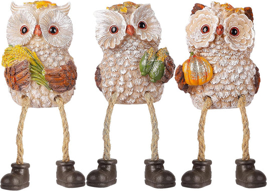 Lulu Home Thanksgiving Figurines, Set of 3 Resin Owl Shelf Sitters with Dangling Legs, Wheat Maize Pumpkin Harvest Sculpture for Window Sill Kitchen Tabletop Autumn Home Decor