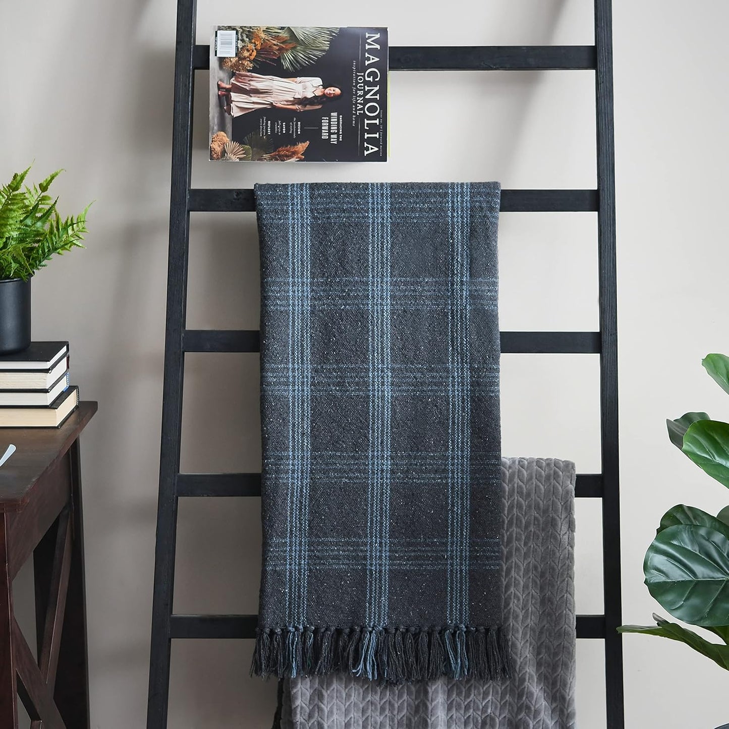 Creative Co-Op Recycled Cotton Blend Throw Blanket with Fringe, Grey Plaid