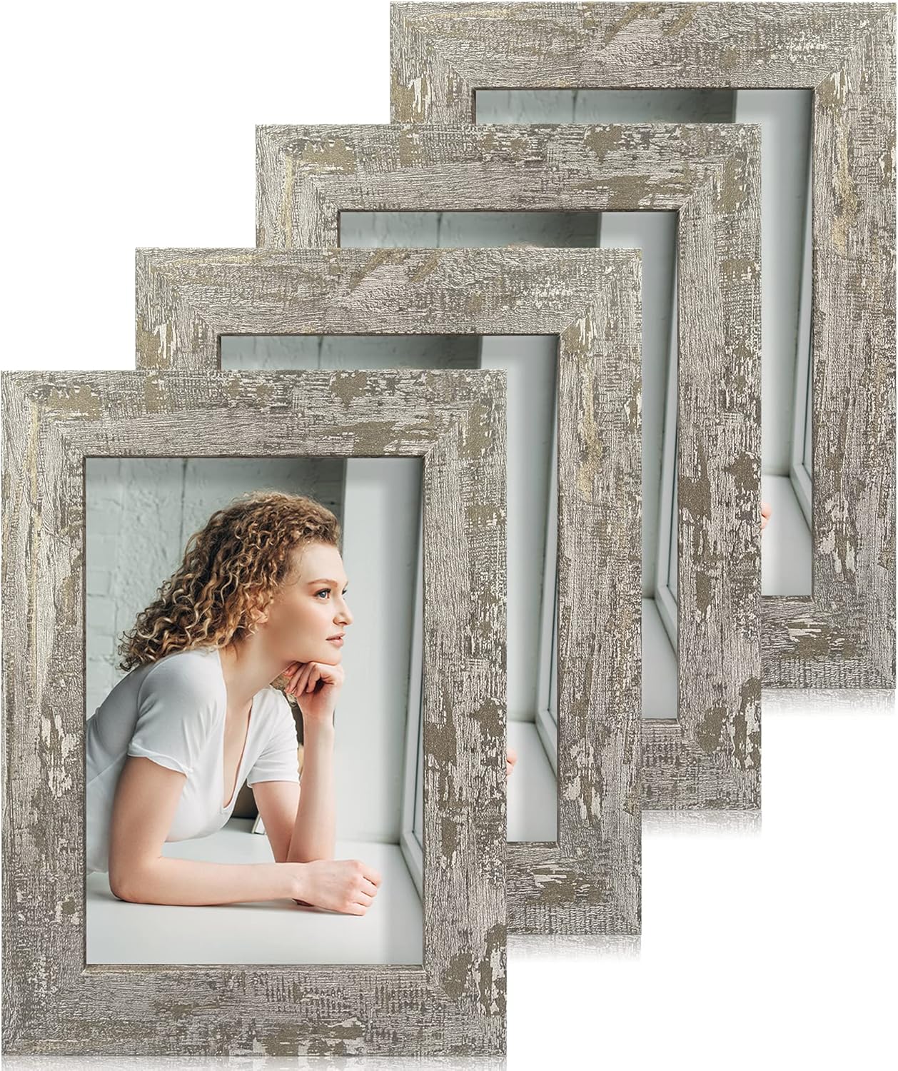 iRahmen 4x6 Picture Frame set of 4, High Definition Glass Distressed Moss Green Frame, 4 x 6 Wood Photo Frames for Desktop Display and Wall Mounting