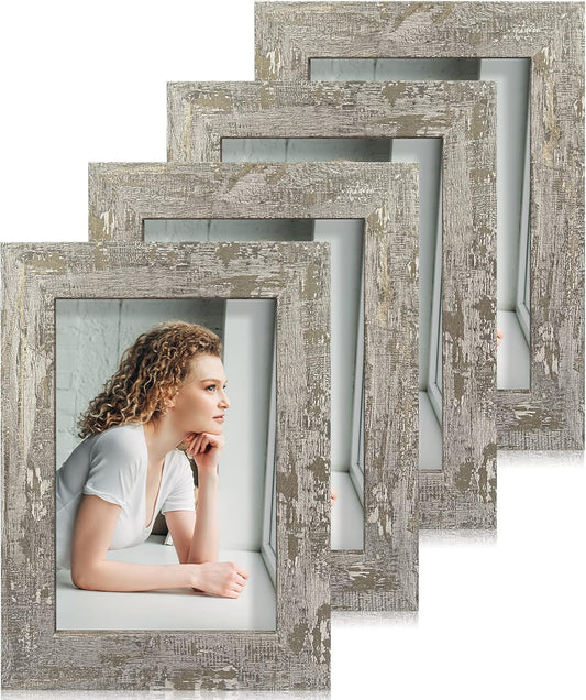 iRahmen 4x6 Picture Frame set of 4, High Definition Glass Distressed Moss Green Frame, 4 x 6 Wood Photo Frames for Desktop Display and Wall Mounting