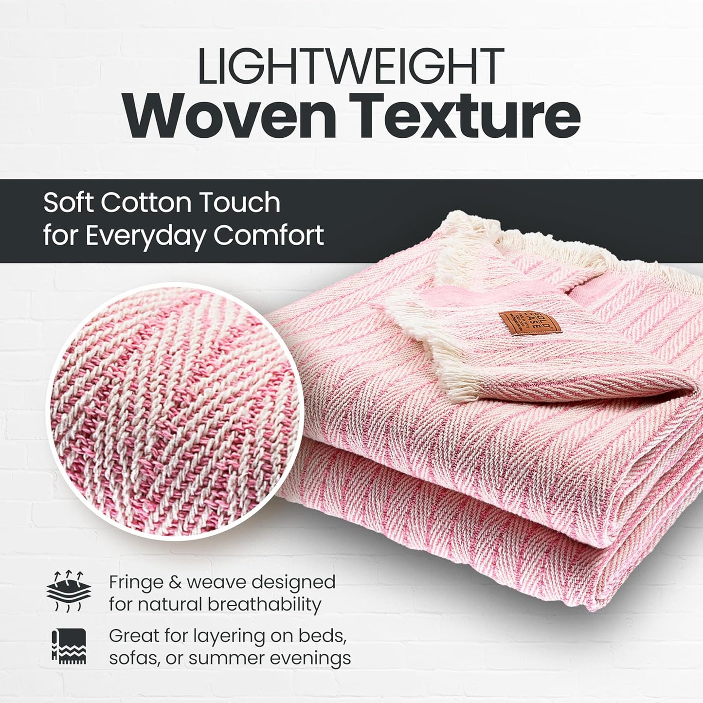 Gold Case Throw Blanket for Couch - 100% Recycled Turkish Cotton Blankets & Throws - Vintage Soft Throw Blankets for Living Room - Boho Decorative Woven Couch Blanket - 50x60 - Pink (Set of 2)