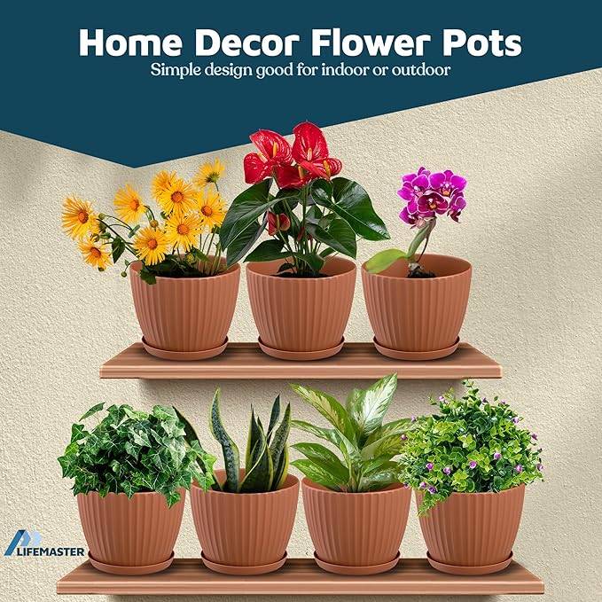 Terracotta 6-Inch Plant Pots with Drainage & Saucers 3 Pack, Indoor & Outdoor Planters for Houseplants, Herbs, and Flowers, Durable & Weatherproof Material, Stackable, Lightweight, Minimalist Design
