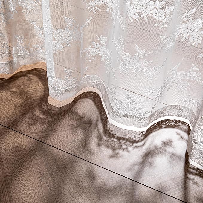 MEETSKY Short Lace Curtains 54 Inches Long Vintage Sheer Kitchen Curtains for Small Windows Back Tab Rod Pocket French Elegant Light Filtering Drapes, 50" W Each Panel, White, Set of 2