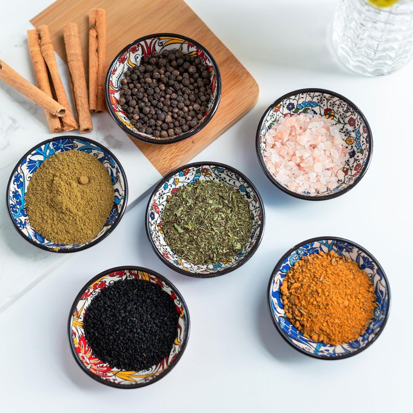 Handmade Ceramic Dipping Bowls – Set of 6, 2.5 Oz Small Sauce Dishes, Colorful Pinch Bowls, Charcuterie Serving Bowls, Microwave & Dishwasher Safe (IZNIK CARNATION)