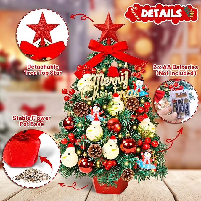 2FT Tabletop Mini Christmas Tree, 24 Inch Small Artificial Christmas Tree with Warm LED Lights, Star Treetop, DIY Ornaments, New Xmas Pine Tree Decoration for Kid Friend Family Holiday Home Office