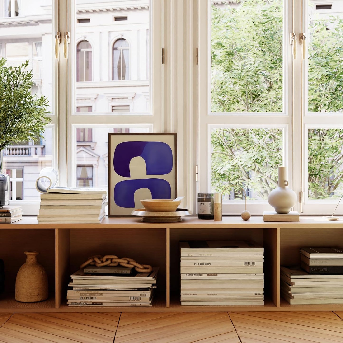 HAUS AND HUES Modern Abstract Wall Art - Blue and Green Living Room Art, Modern Artwork for Walls, Minimalist Picture for Living Room(Blue Tribal Shapes, Walnut Frame, 16x20)