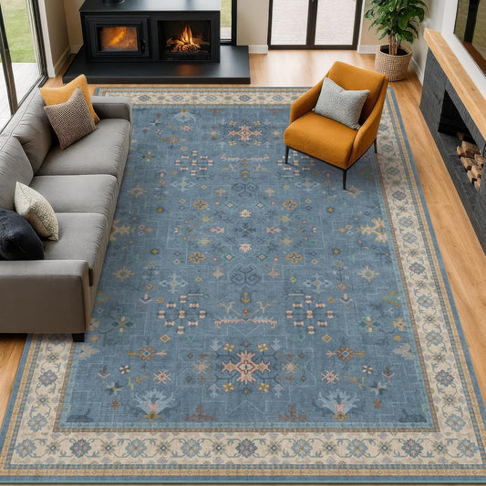 Blue Big Rugs for Living Room - Dusty Blue 10 x 14 Area Rug for Large Bedroom, Dining Room, Washable Lightweight Low Pile Foldable Eclectic Modern Floral Home Décor